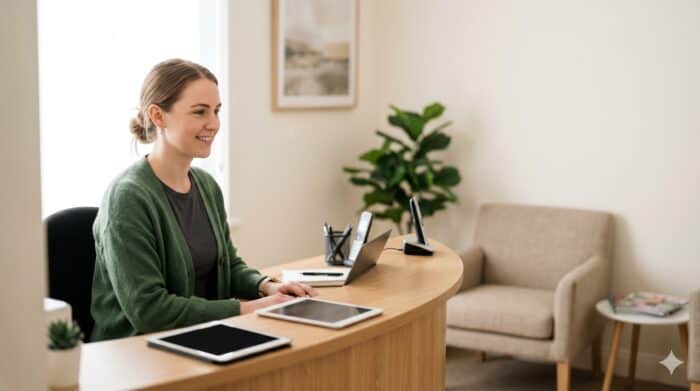 Friendly customer support agent using a laptop at a modern office desk, providing virtual assistance and customer service for AiDial, a leading communication solutions provider.