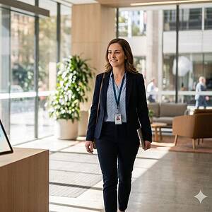 Professional woman in business attire walking in a modern office lobby with an AI-powered customer service kiosk on display, highlighting AiDial's innovative customer support solutions.