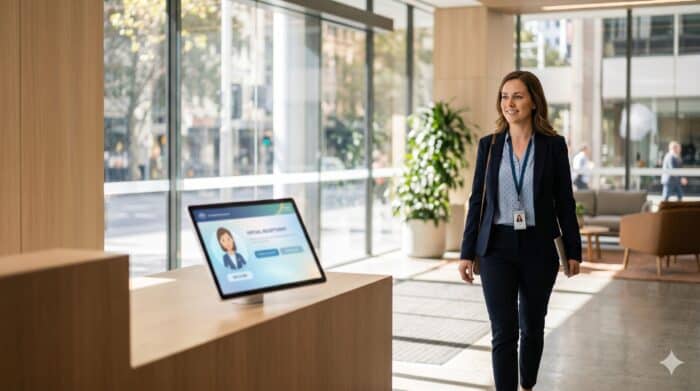 Professional woman in business attire walking in a modern office lobby with an AI-powered customer service kiosk on display, highlighting AiDial's innovative customer support solutions.