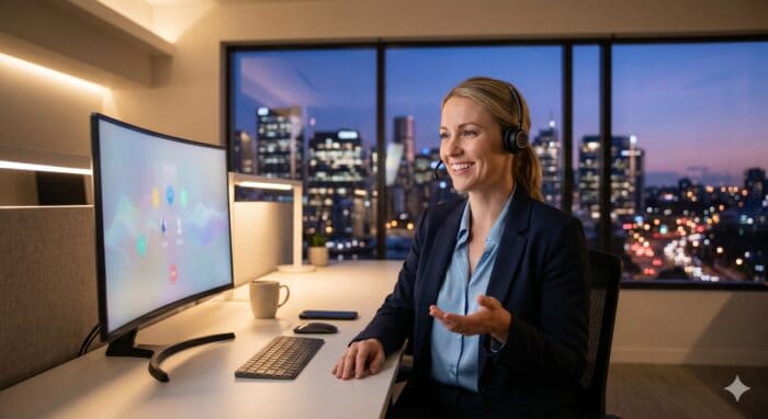 An image of a smiling woman customer support agent wearing a headset, working at a desk with a computer in a modern office with city skyline view, representing AI-powered customer service.