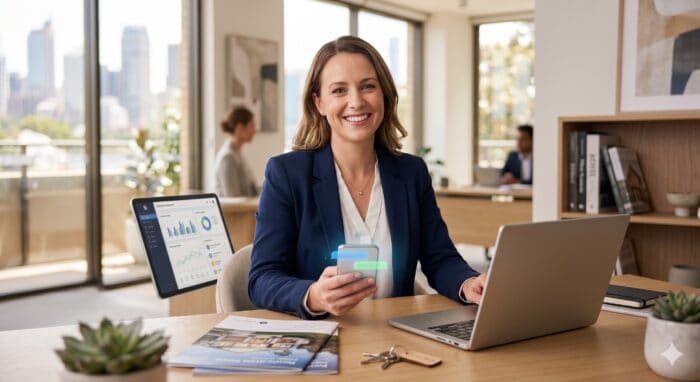 Professional woman using AI-powered customer service technology with a smartphone and laptop in a modern office setting, highlighting AiDial's innovative communication tools.