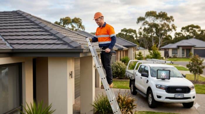 roofing answering service - A technician installing solar panels on a residential roof with a ladder, representing profess...