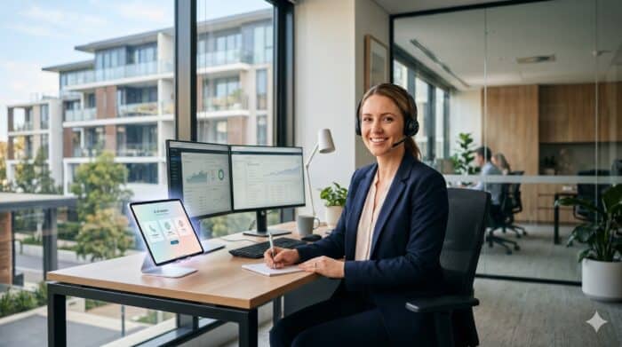 Friendly customer support agent wearing a headset working at a desk with multiple monitors and a tablet in a bright, modern office environment, providing AI-powered customer service.