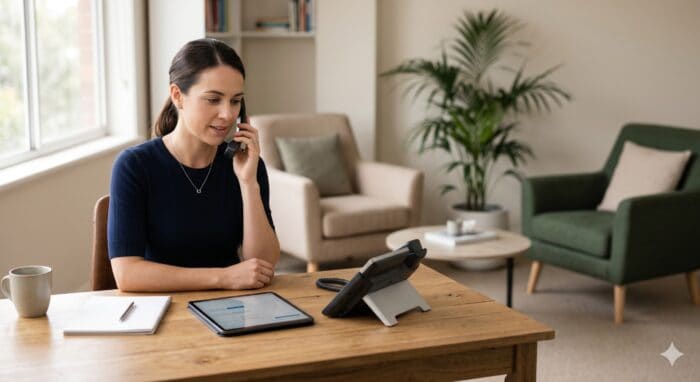 Woman using a landline phone for customer support at home, with a tablet and notepad on the desk, representing AI-powered customer service solutions.