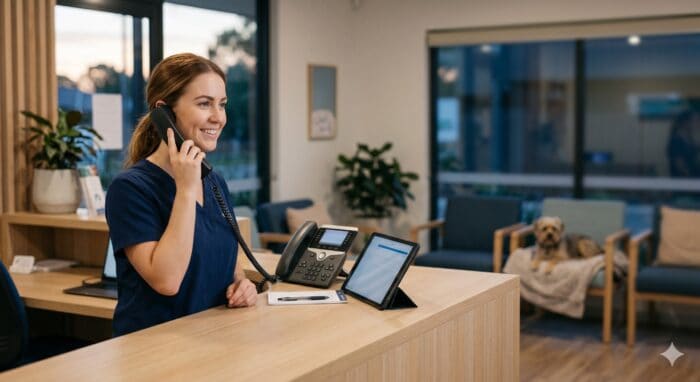Friendly customer service agent using a landline phone at a modern reception desk, with a tablet and office background, highlighting professional support and communication services.