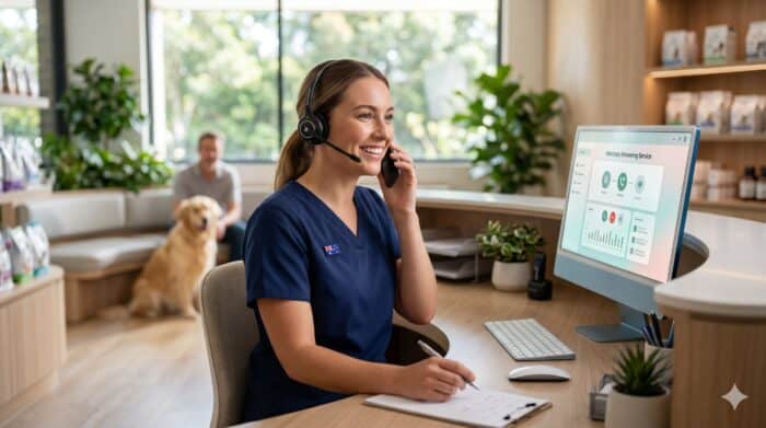 Friendly customer support agent wearing a headset, assisting clients via computer in a bright, modern office with a dog in the background, promoting AI-powered communication solutions.