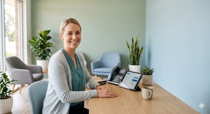 Friendly customer service representative using a computer and phone at her desk in a modern office, promoting AI-powered customer support solutions.
