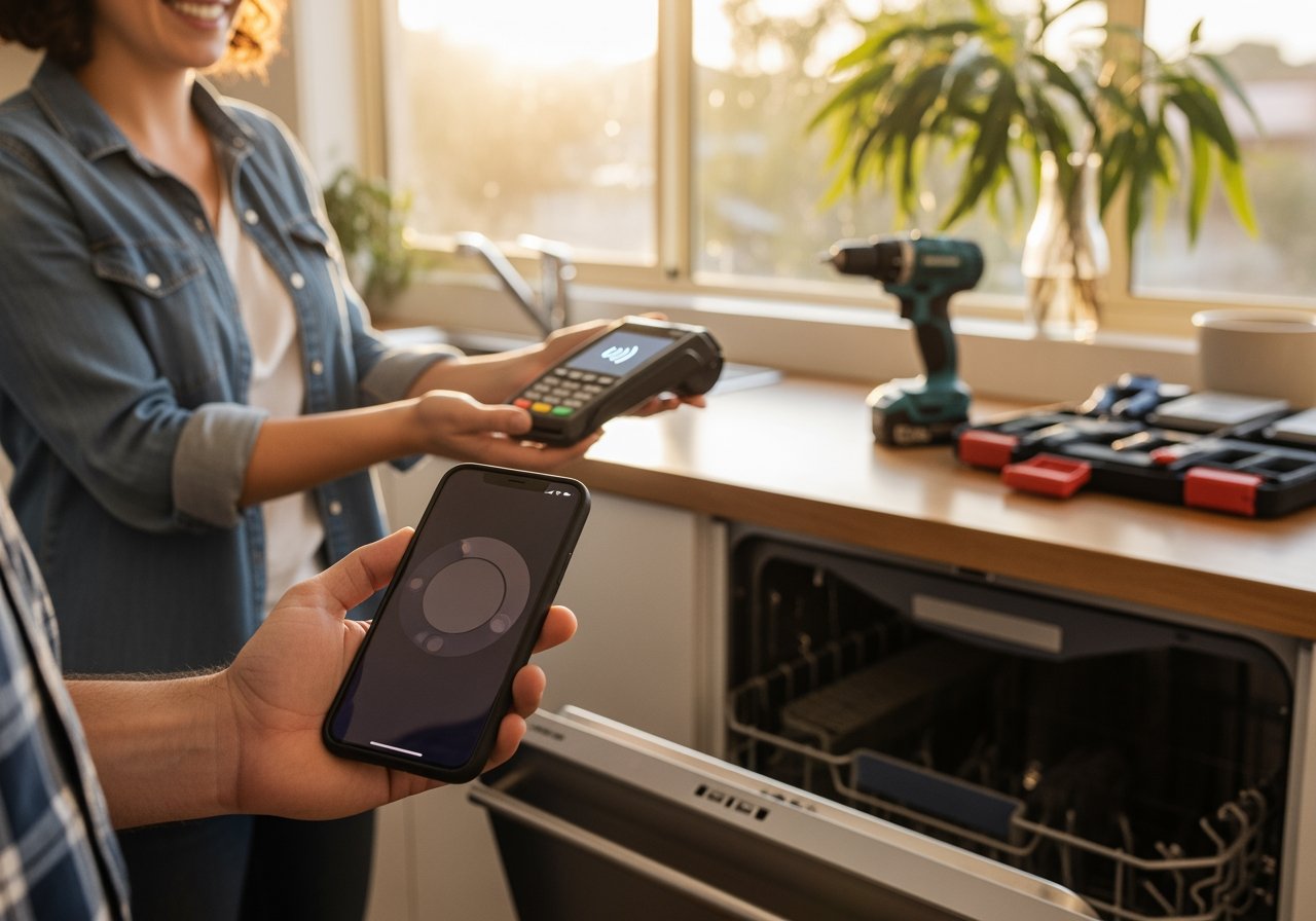 Person using AI Dial smart home device with smartphone in a modern kitchen, showcasing home automation technology for enhanced convenience and connectivity.