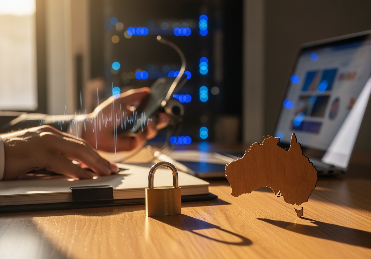 Australian map, padlock, and digital devices representing AI Dial's focus on cybersecurity and data privacy solutions in Australia.