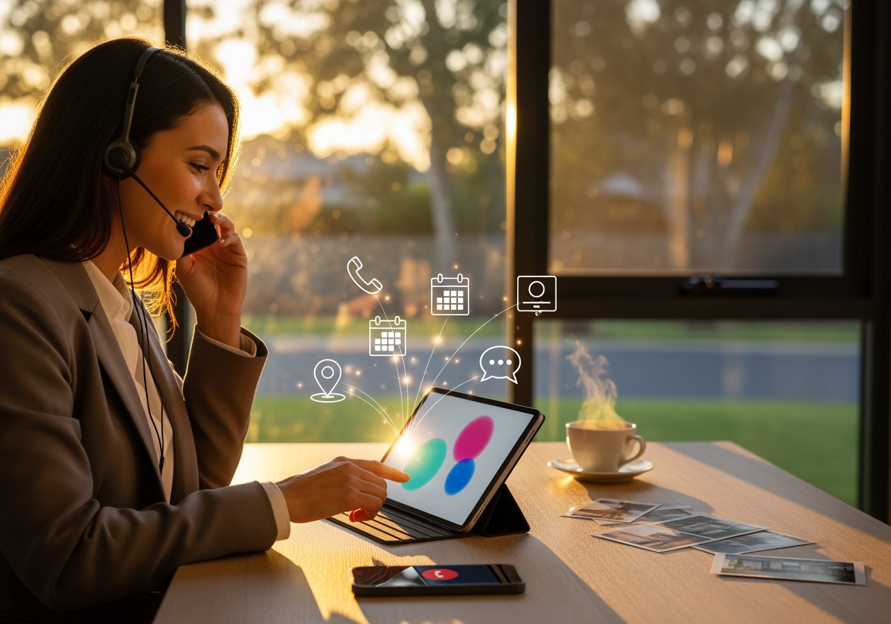 Businesswoman using AiDial platform for customer support, with icons for phone, calendar, chat, and location indicating communication and scheduling features.