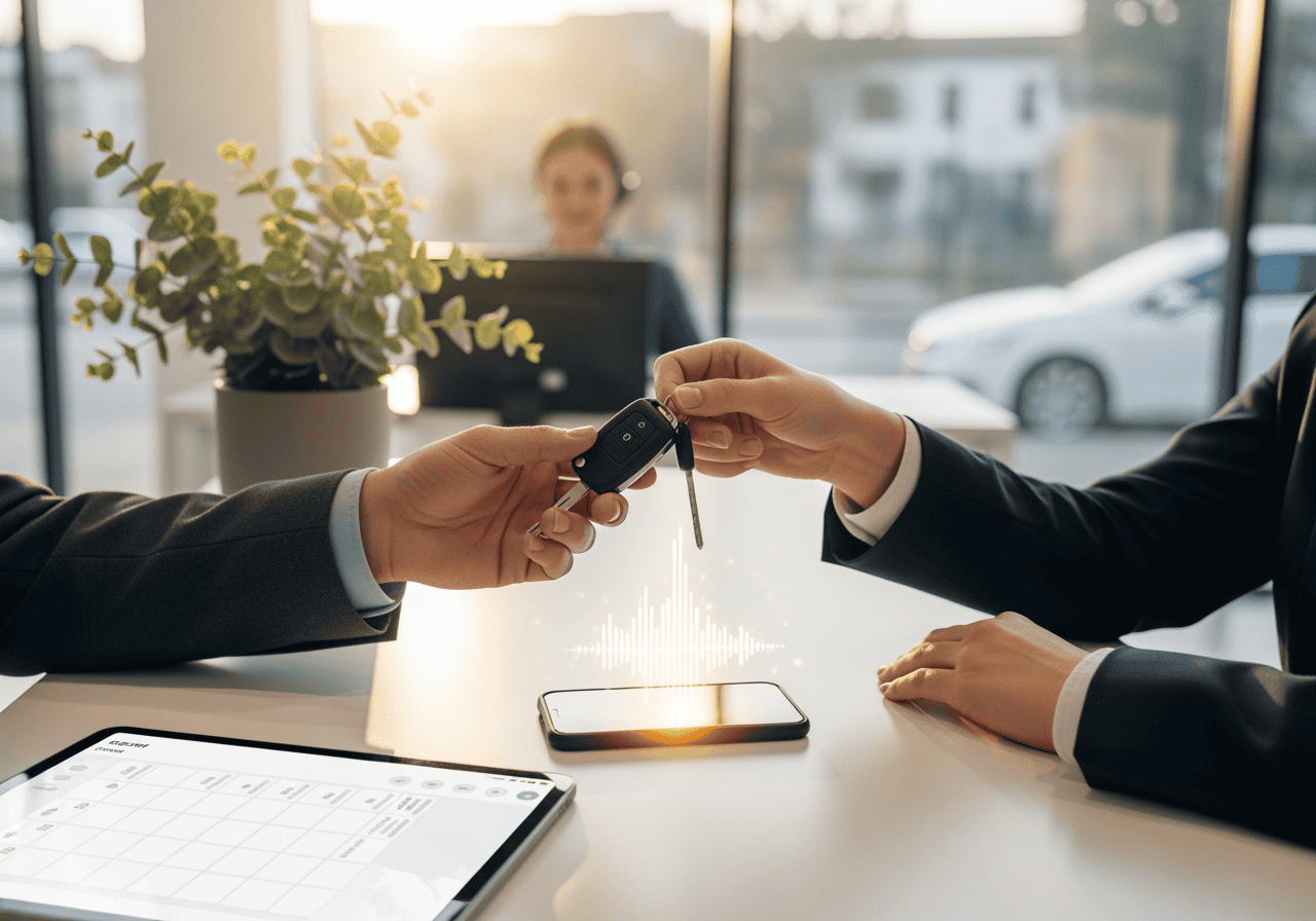 Business professionals exchanging car keys during a meeting, with a smartphone and tablet on the table, representing AI-powered communication and customer service solutions.