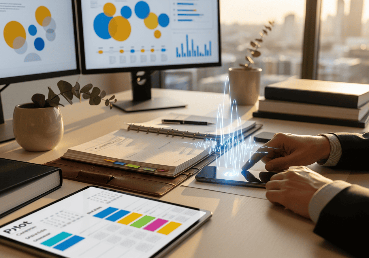 An analyst working with multiple screens displaying data visualizations, charts, and graphs on a modern office desk, highlighting AI-driven data analysis and business intelligence.