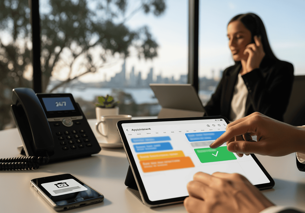 Businesswoman using AiDial communication platform on tablet in modern office with city view, showcasing AI-powered customer engagement technology.