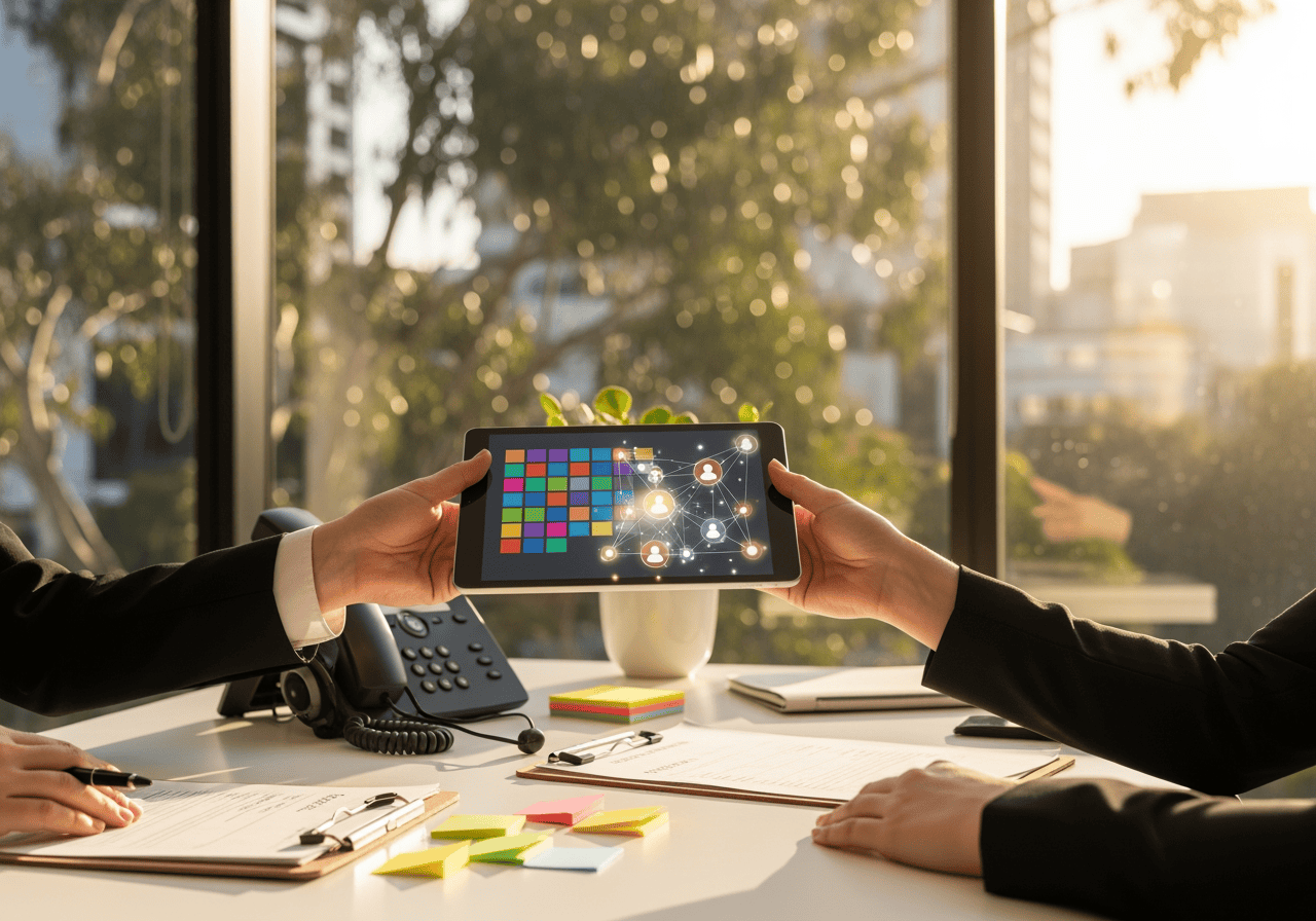 Two professionals in a modern office using a smartphone with AI and cloud icons on the screen, representing AI-powered communication solutions for businesses.