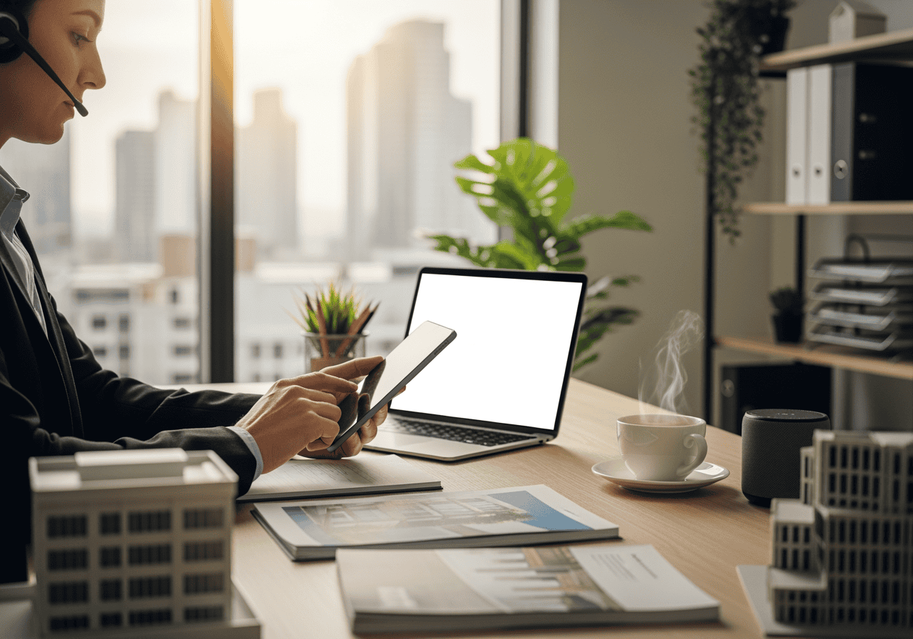 Business professional using a smartphone at a desk with a laptop, documents, and coffee in a bright, modern office with city view.