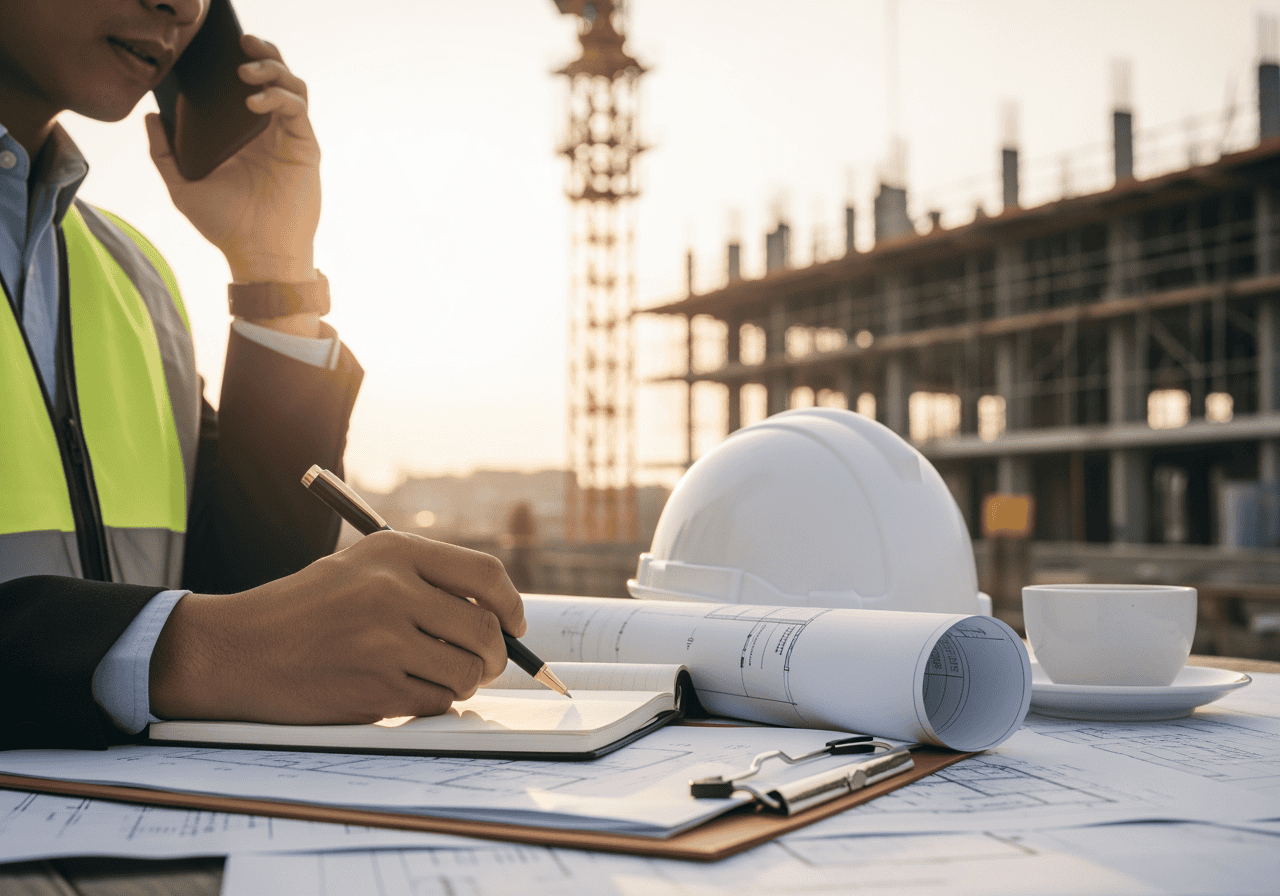 An engineer at a construction site reviewing plans with a hard hat, blueprints, and a coffee cup, during sunset, representing construction project management.