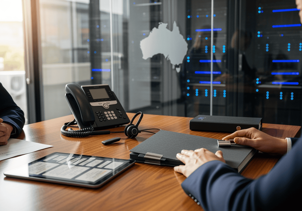 An image of a business meeting with a conference phone, tablet, and laptop on a wooden table, with a digital map of Australia and server racks in the background, highlighting AI-powered communication.