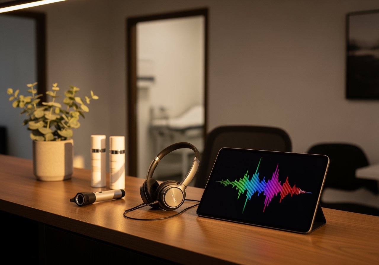 An image of a modern smart home setup featuring a tablet displaying a colourful audio waveform, headphones, and smart devices on a wooden desk, highlighting AI-powered voice technology.