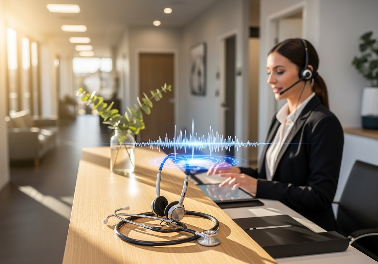 An AI-powered customer support agent wearing a headset working at a desk in a modern office, showcasing AI technology for efficient customer service solutions.