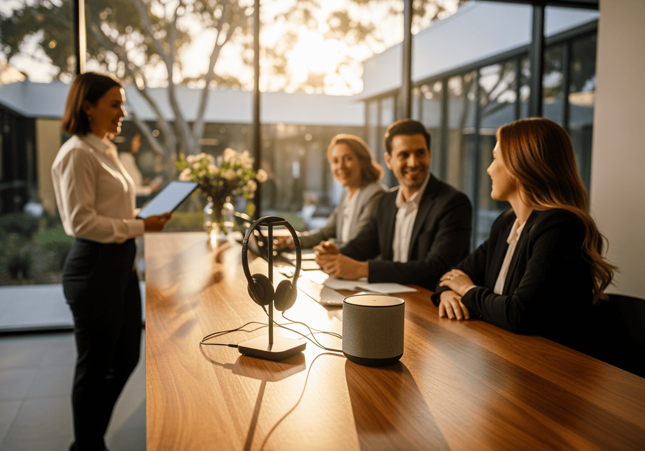 Business professionals in a modern conference room engaging in a meeting with AI-powered communication devices and smart technology for enhanced collaboration.