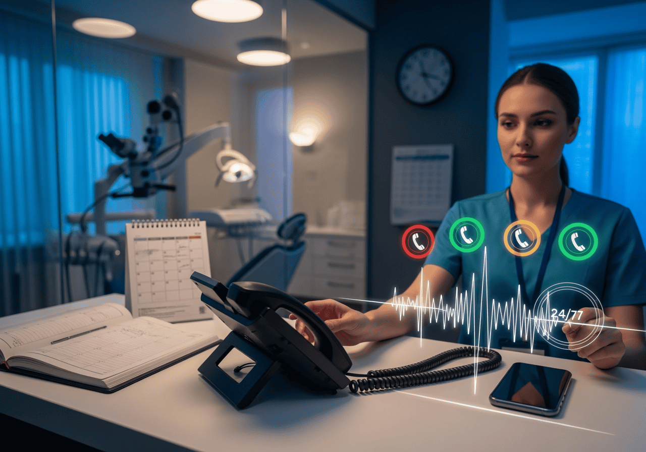Telehealth nurse using a phone with digital icons for calls, highlighting AI Dial's telehealth and virtual consultation services in a modern medical setting.