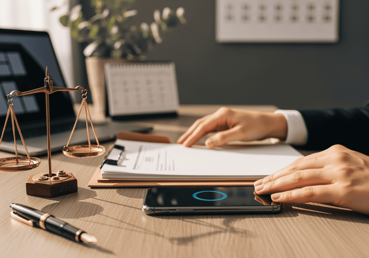 Business professional using a smartphone and legal documents on a desk, representing AI-powered legal consultation and digital legal services for law firms and clients.