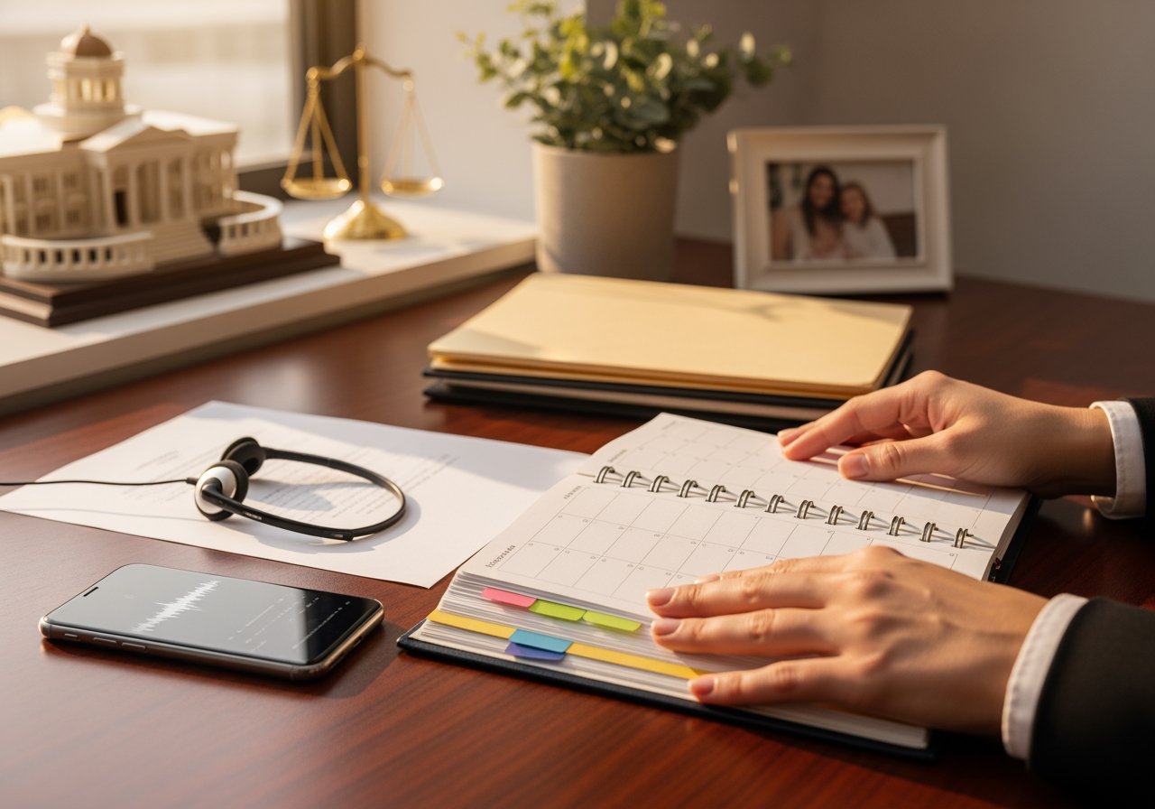 Professional office desk with a person’s hands writing in a notebook, alongside a smartphone, stethoscope, and office decor, representing business communication and healthcare technology.