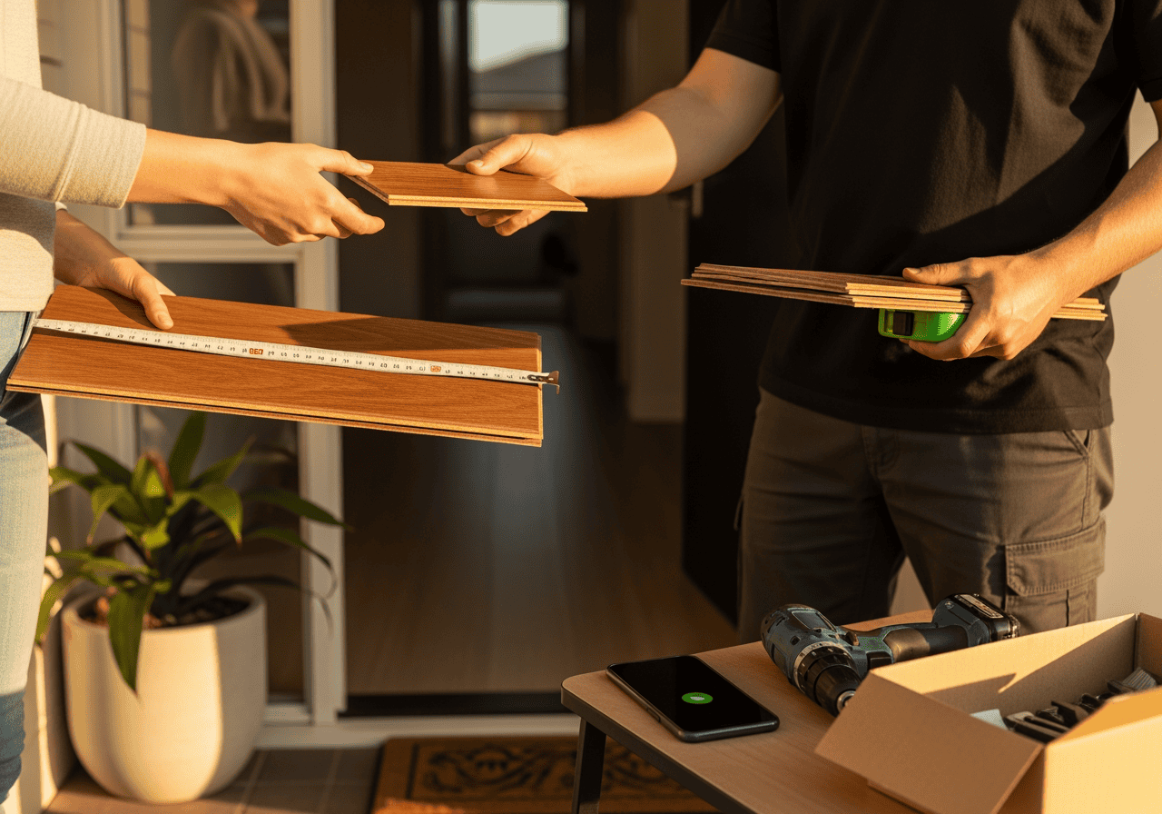 Two individuals exchanging wood samples in a workshop, with tools and a smartphone on the table, representing collaboration and craftsmanship in woodworking.