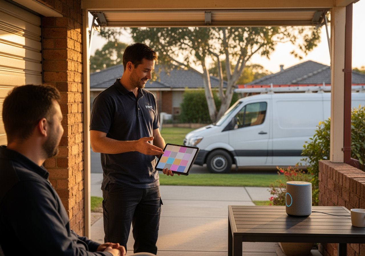 A delivery person showing a tablet to a customer in a suburban driveway during sunset, with a white van and trees in the background, illustrating smart delivery technology.