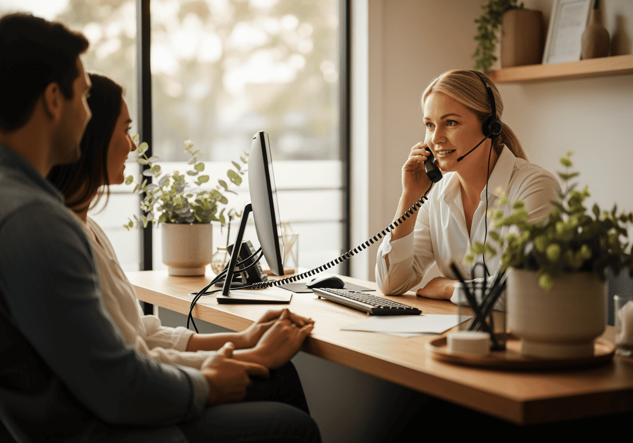 Customer support agent with headset providing assistance to clients in a professional office setting, demonstrating excellent customer service and communication skills.