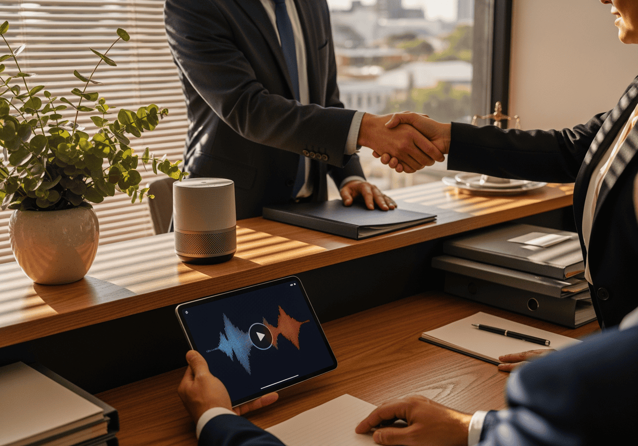 Business professionals shaking hands in an office, with a tablet displaying a voice recognition app, symbolising AI-powered communication solutions for businesses.