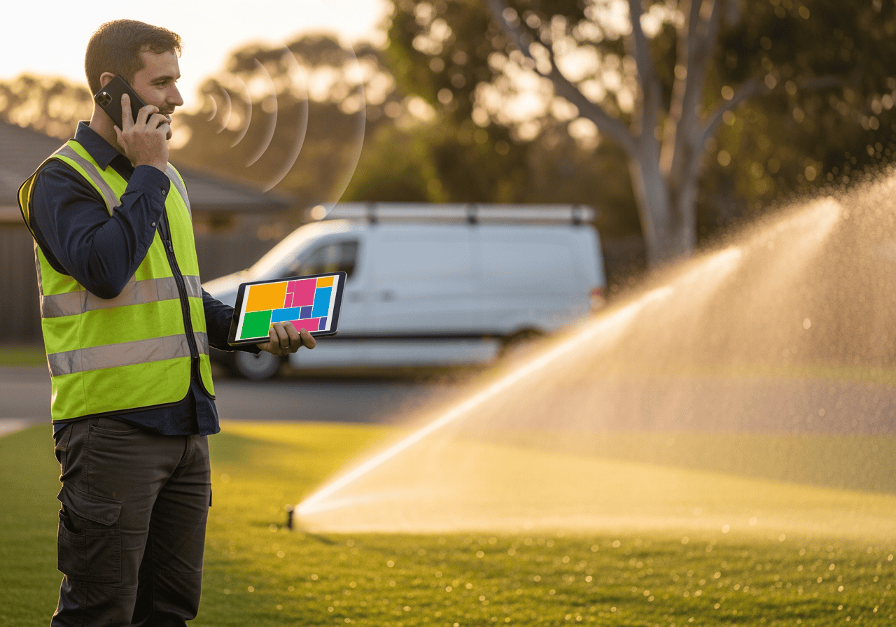 Technician in high-visibility vest using a tablet to control smart irrigation system in a park during sunset, with a sprinkler watering the grass.