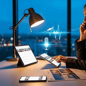 A female customer support agent using AI-powered communication tools with a headset, tablet, and smartphone in a modern office setting, showcasing AiDial technology.