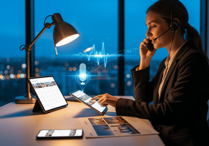 A female customer support agent using AI-powered communication tools with a headset, tablet, and smartphone in a modern office setting, showcasing AiDial technology.