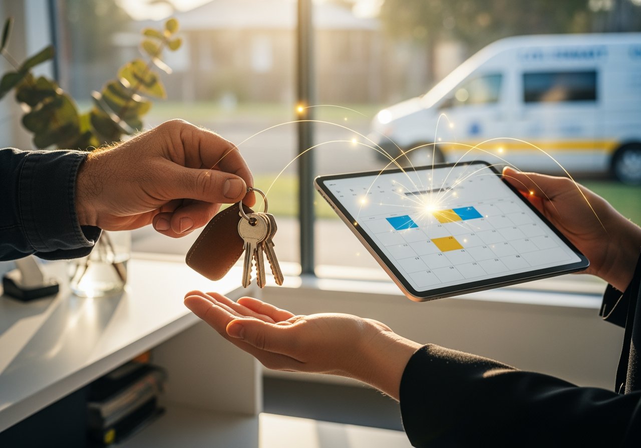 Person handing over car keys while using a tablet with a digital interface, representing modern car rental or vehicle management technology.
