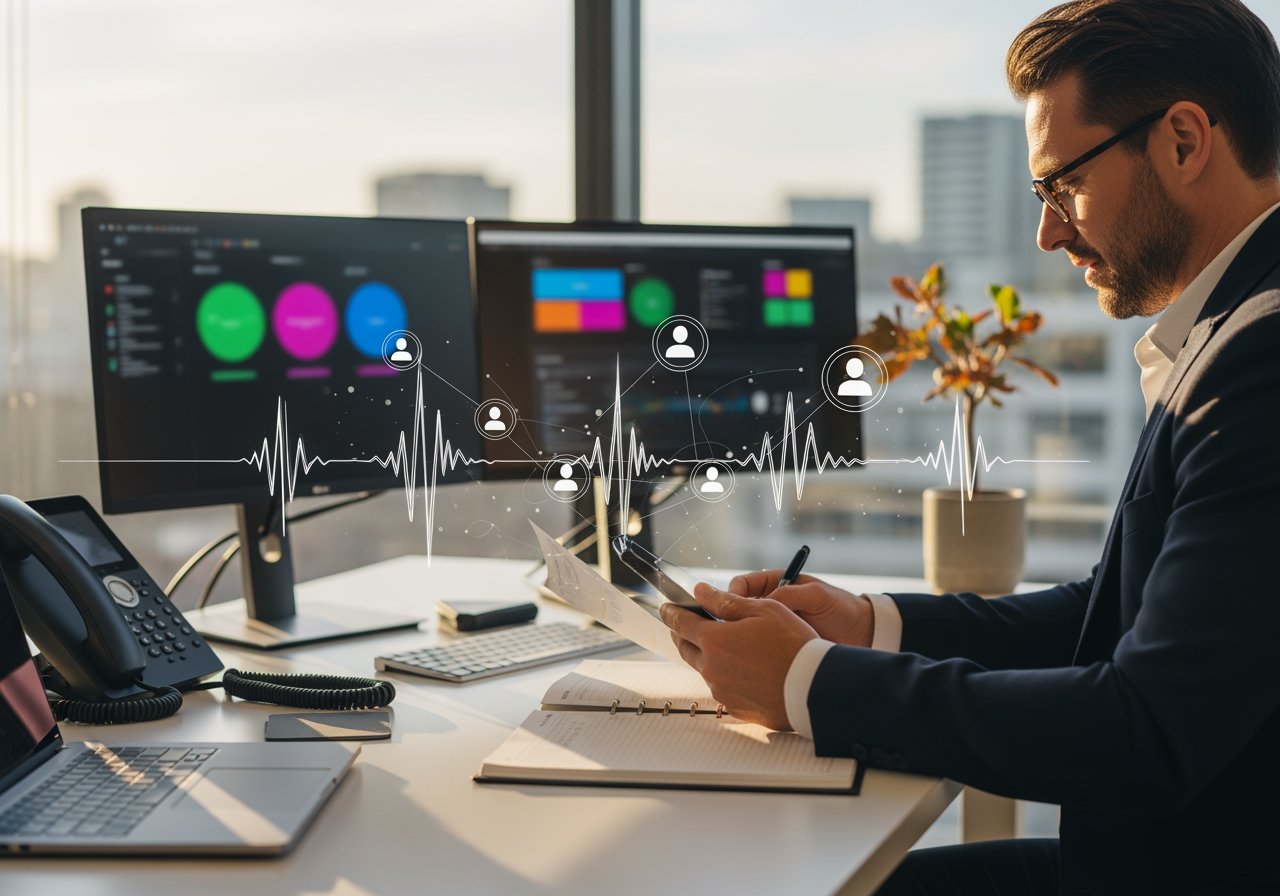 Business professional analysing data on multiple screens with graphs and charts at a modern office for AiDial SEO.