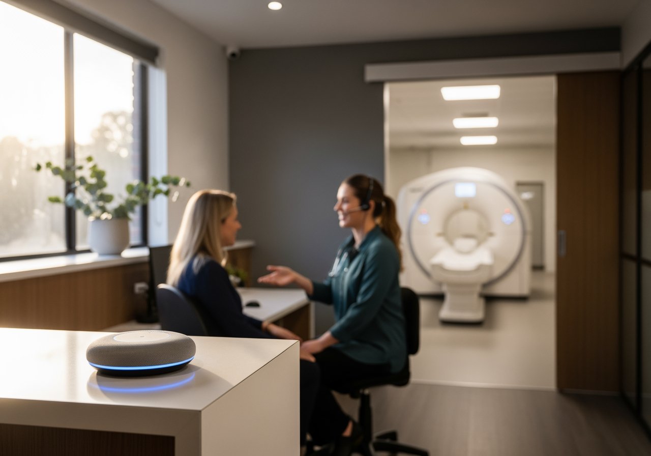 An AI-powered medical consultation session in a modern healthcare facility, featuring a healthcare professional and a patient discussing health concerns with advanced diagnostic equipment in the backg.