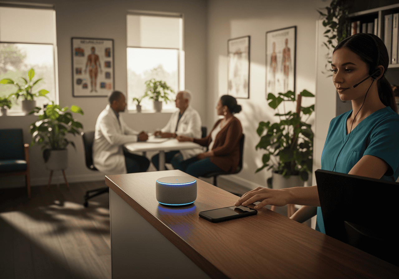 Female customer support agent using AI-powered device at reception desk in medical clinic, with patients and doctors in background, promoting healthcare technology solutions.