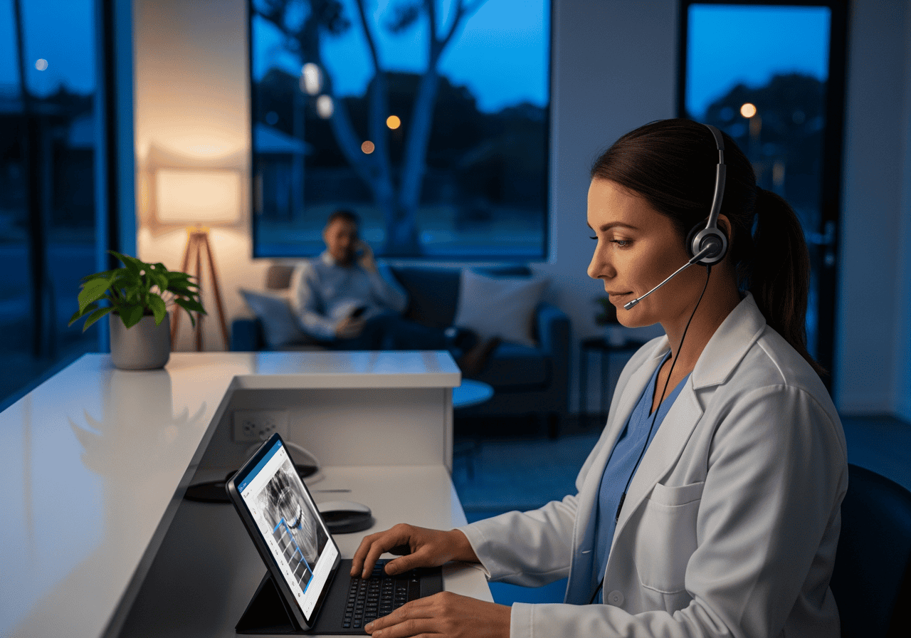 A female customer support representative wearing a headset and working on a tablet in a contemporary office environment, providing remote assistance and customer service.
