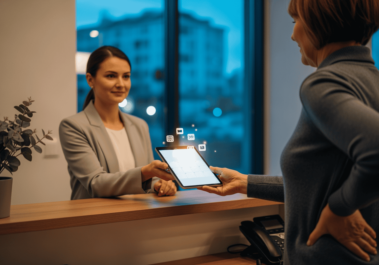 Professional woman receiving assistance from a receptionist using a tablet in a modern office reception area, showcasing AI-powered customer service technology.