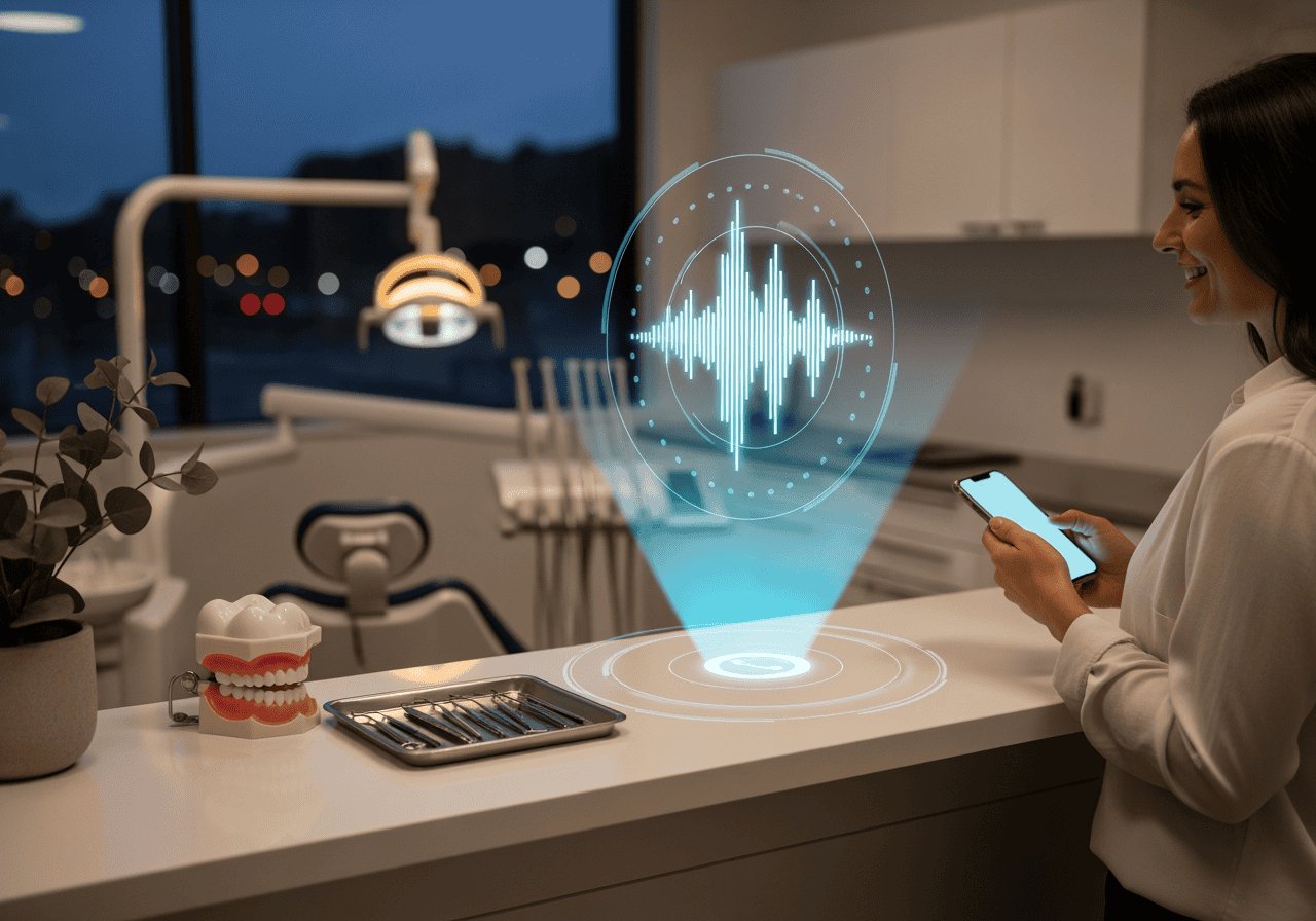 A woman in a dental clinic using a smartphone with a holographic voice wave graphic, representing AI-powered dental consultation and voice analysis technology.