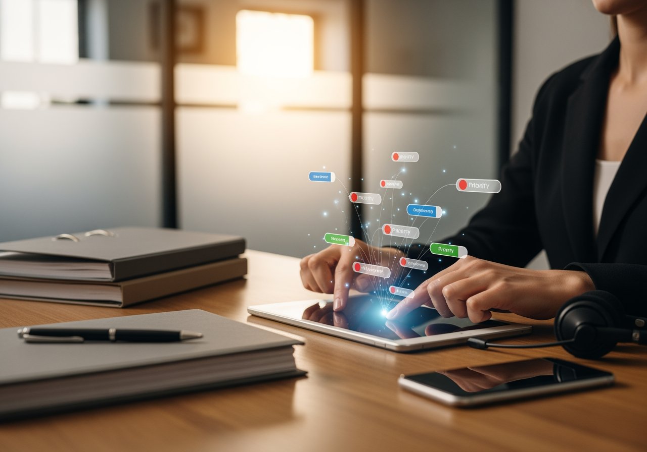 Business professional using a tablet with digital data visualization and analytics icons, representing AI-powered data management and insights for business growth.