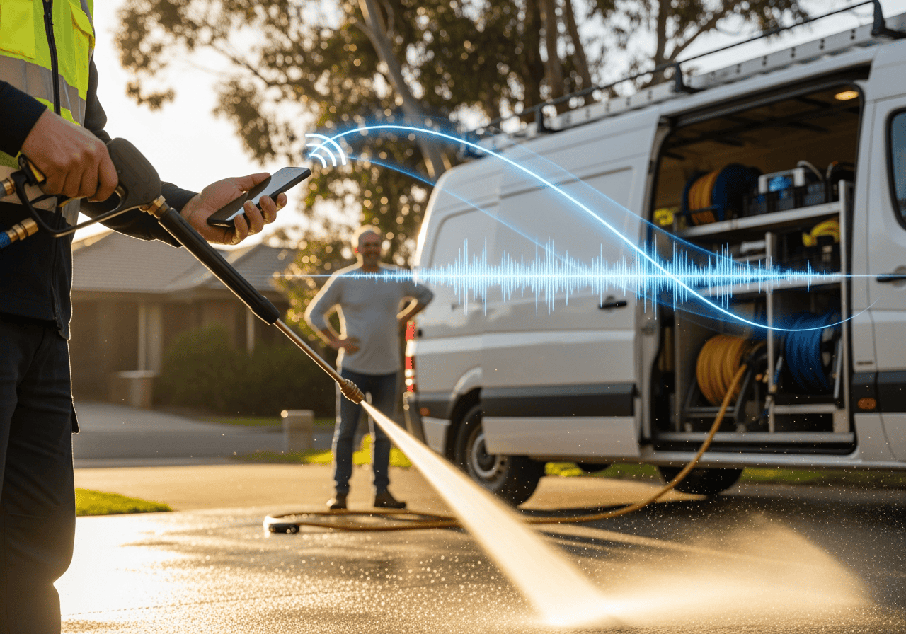 A worker using a high-pressure water hose to clean a driveway outdoors, with a service van in the background and digital sound wave graphics overlay.
