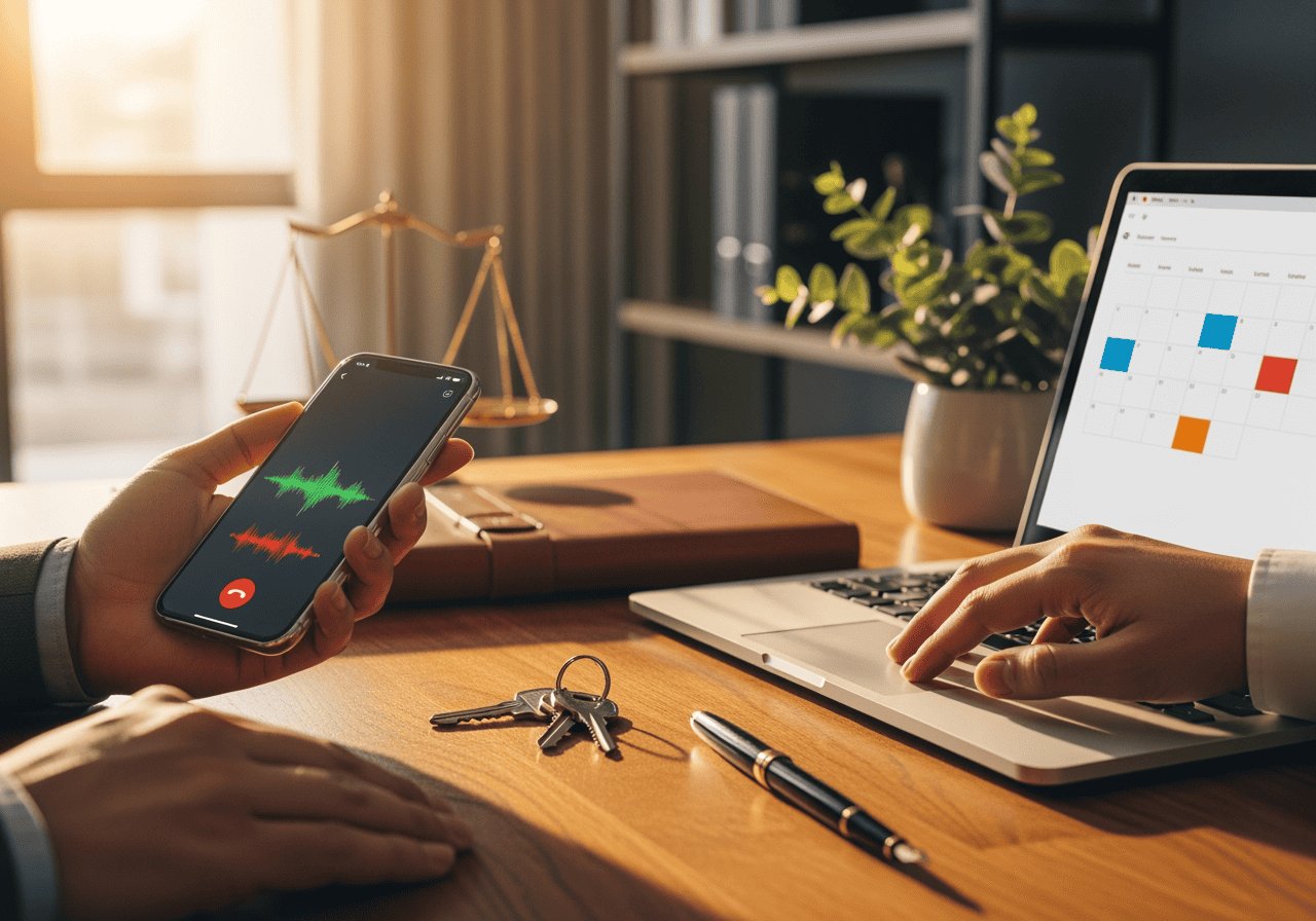 Business professional using smartphone and laptop for communication, with calendar and office items on desk, highlighting AI Dial's focus on business automation and efficient communication solutions.