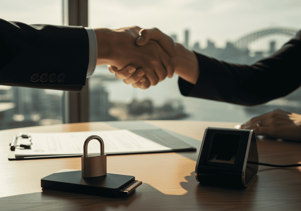 Two professionals shaking hands in a modern office with a cityscape view, symbolising partnership and agreement in a corporate environment.