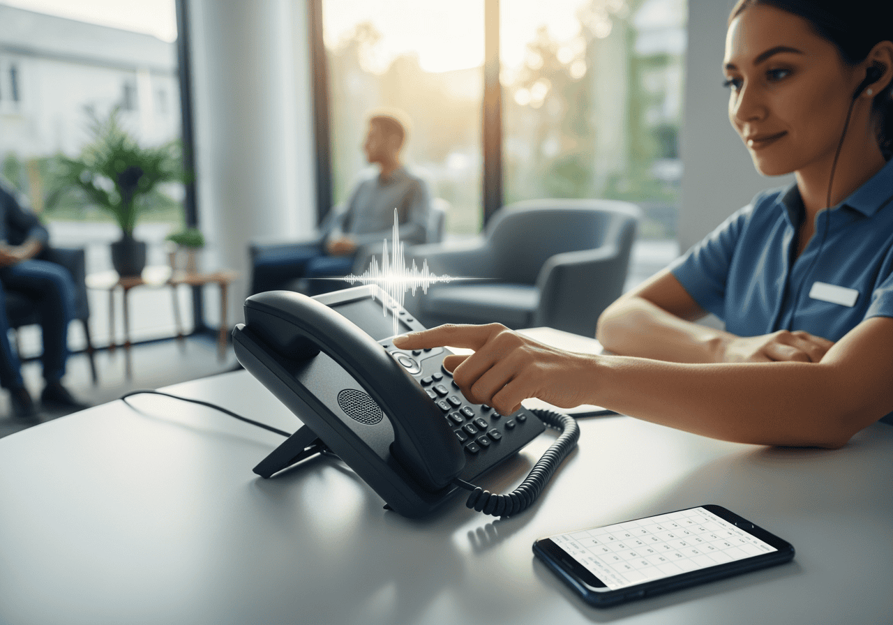 Female customer support agent using a VoIP phone with a headset in a bright, modern office, providing efficient customer service with AI-powered communication technology.