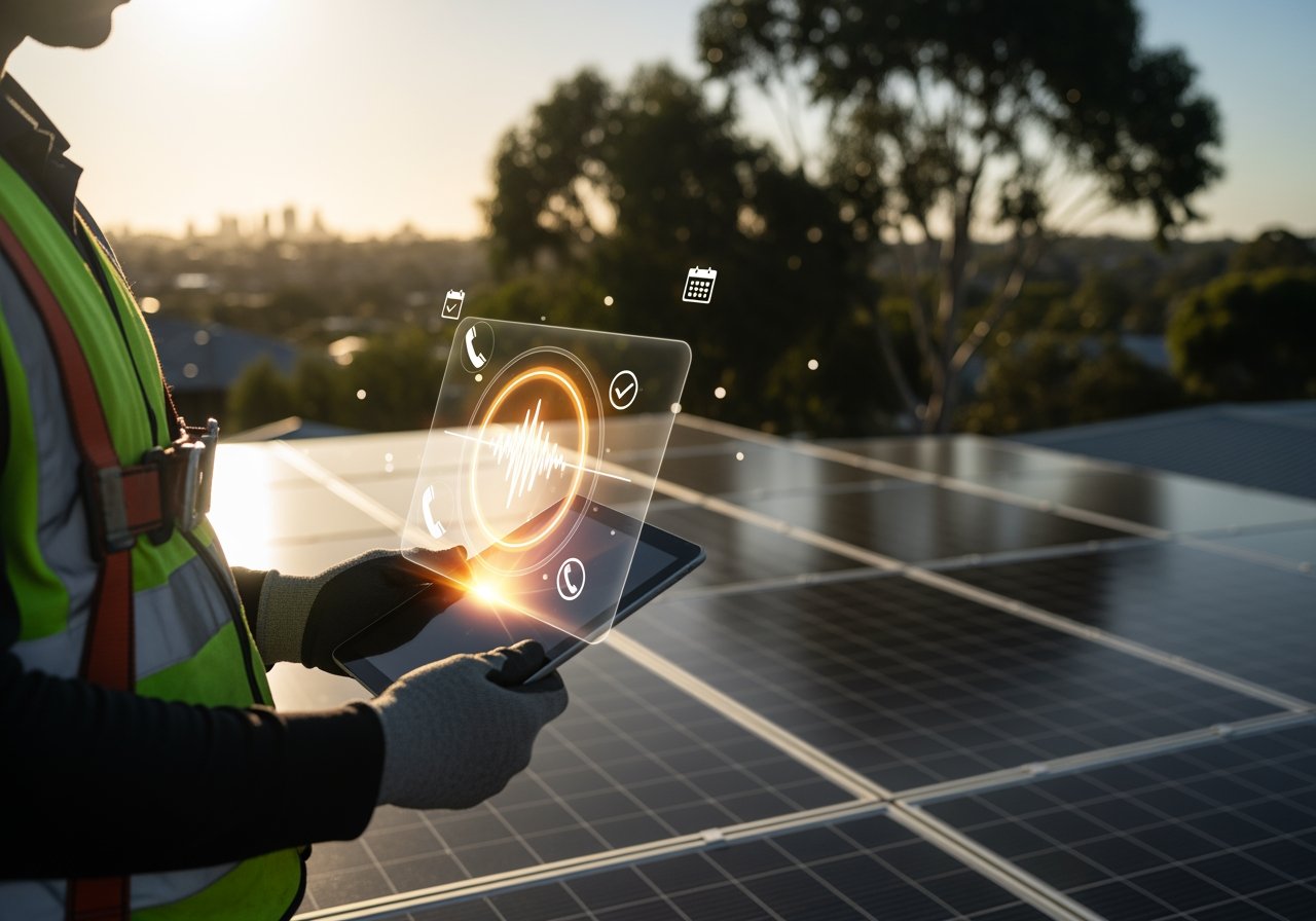 Technician using a tablet with AI-powered interface to inspect solar panels outdoors at sunset, highlighting innovative solar energy solutions.