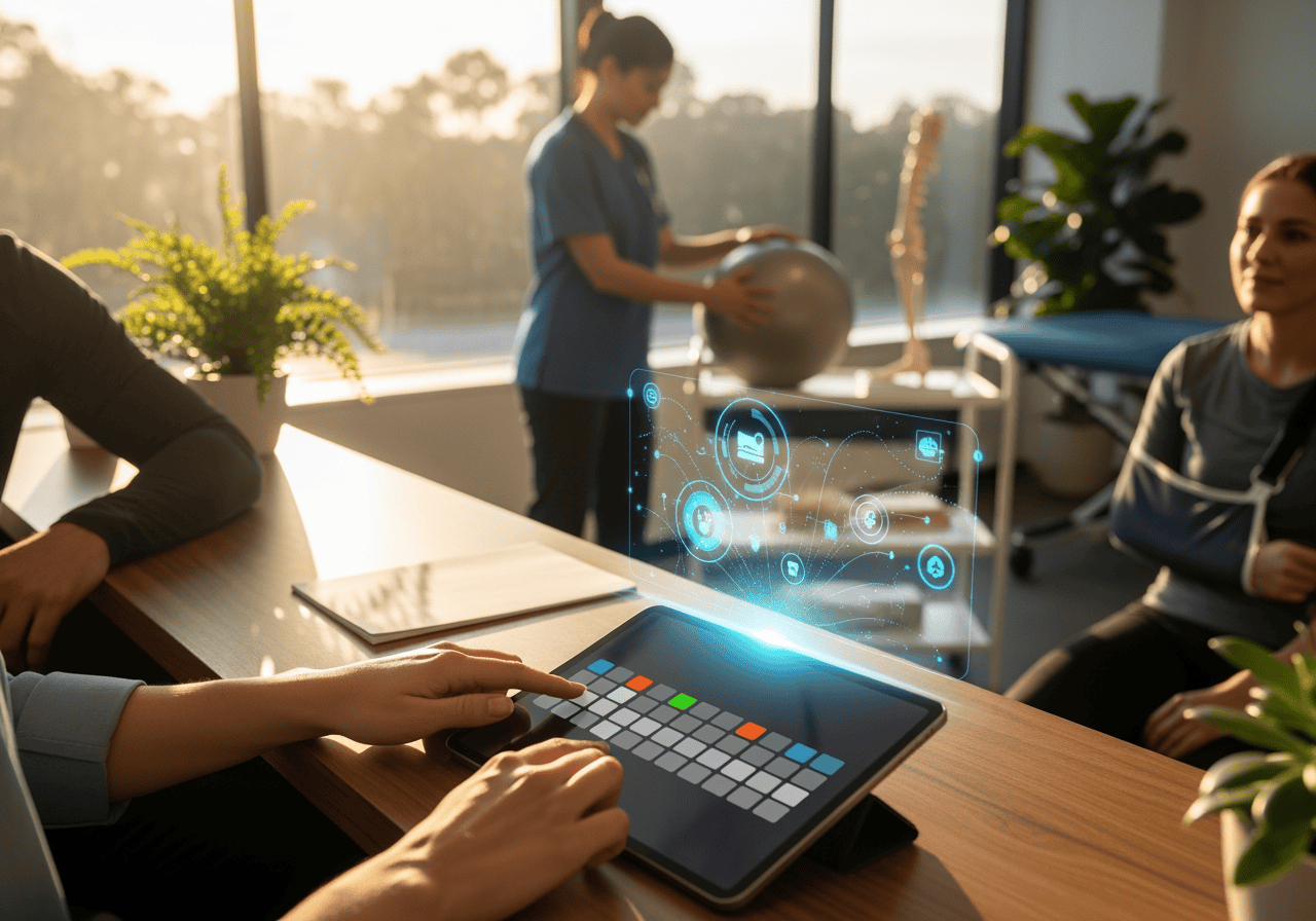 A healthcare professional uses a digital tablet with holographic icons during a telehealth consultation in a modern clinic, highlighting AI Dial's innovative telehealth technology.