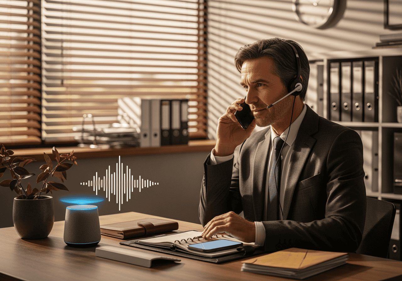 Business professional wearing a headset working at a desk with AI-powered voice assistant device, representing advanced customer support solutions and AI technology integration.
