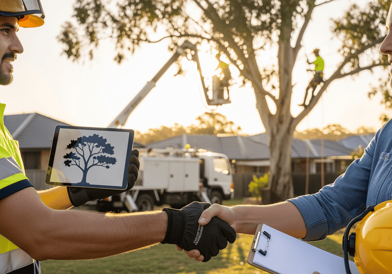 Two workers shaking hands outdoors during tree inspection, with a drone displaying a tree icon in the background, highlighting AI-powered tree health assessment.